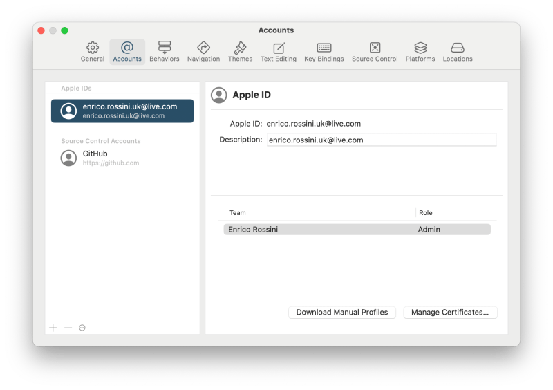 Account window in Xcode - Deploy MAUI apps on a real device