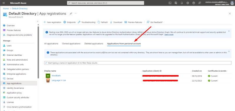 App Registration in the Azure portal from personal account