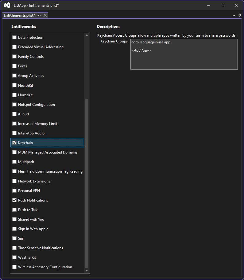 Entitlements in Visual Studio - Using SecureStorage with MAUI