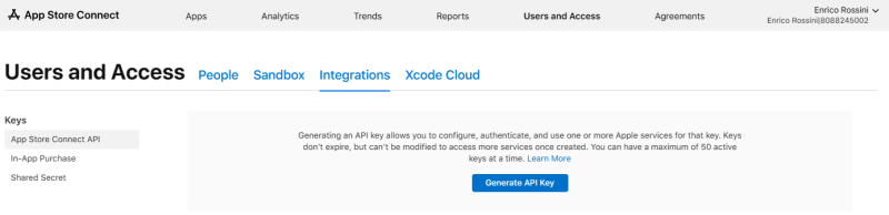 Users and Access - Integration to create the API key for Visual Studio - Deploy MAUI app on a real device