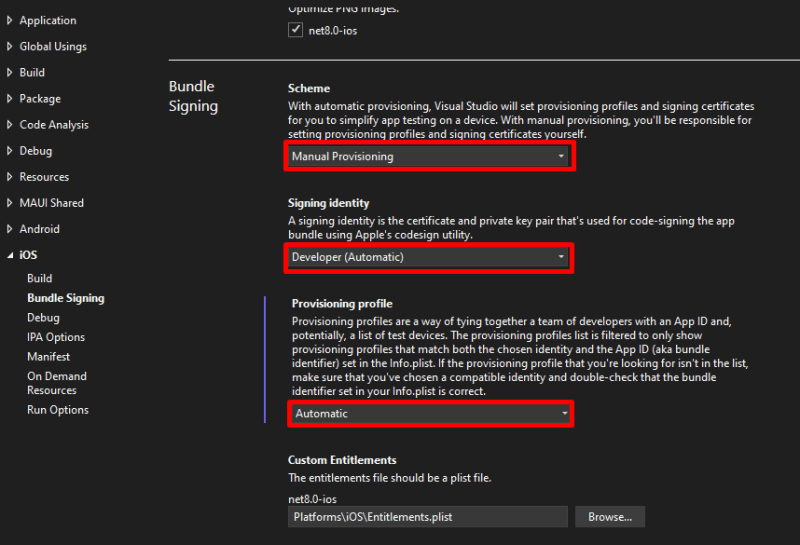 iOS Bundle Signing for a project in Visual Studio