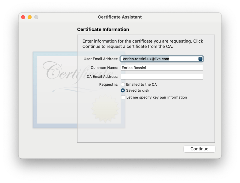 KeyChain Certificate Assistant on my Mac