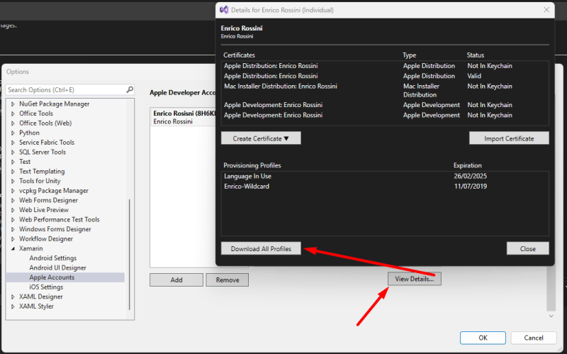 Download iOS certificates from Visual Studio - MAUI raises on iOS MT1045