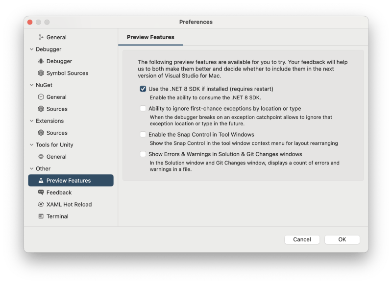 Visual Studio for Mac - Preview features