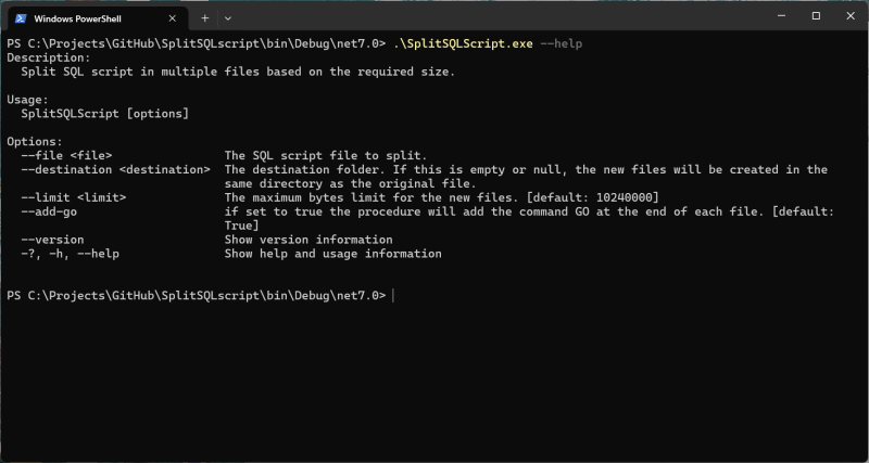 Example of the help in the console - Split SQL script tool