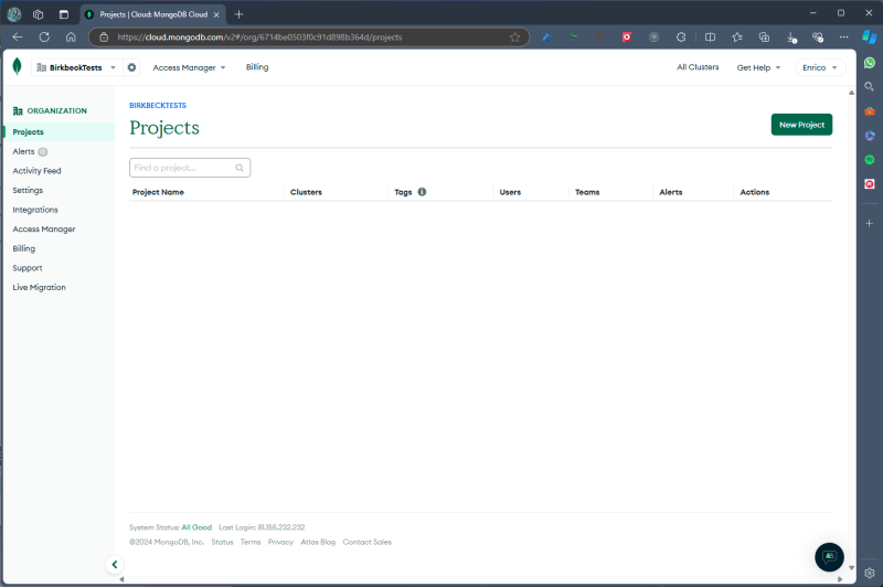 Projects page in MongoDB
