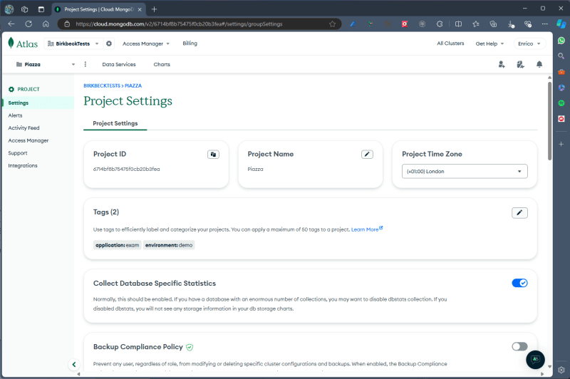 Project setting page