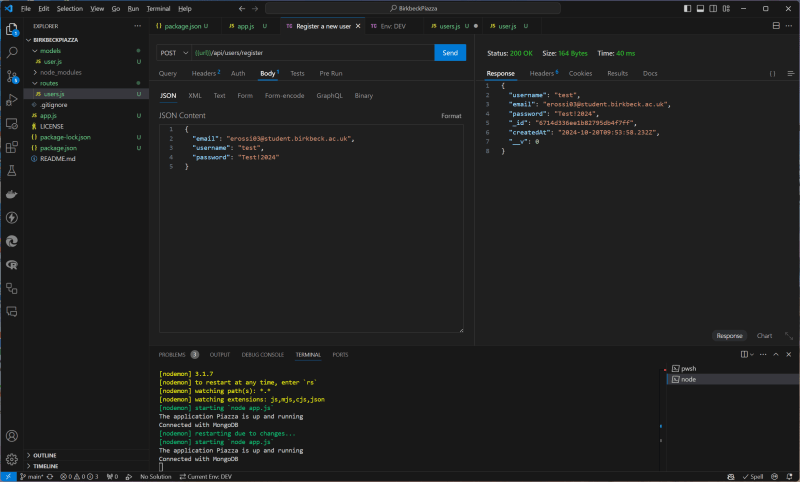 Using Thunder Client to test the application