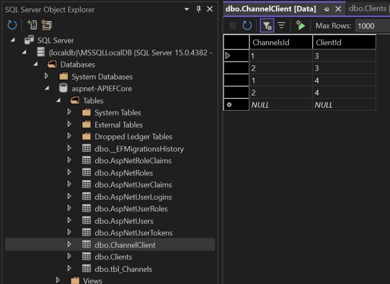 ChannelClient table content - APIs with Entity Framework Core: POST