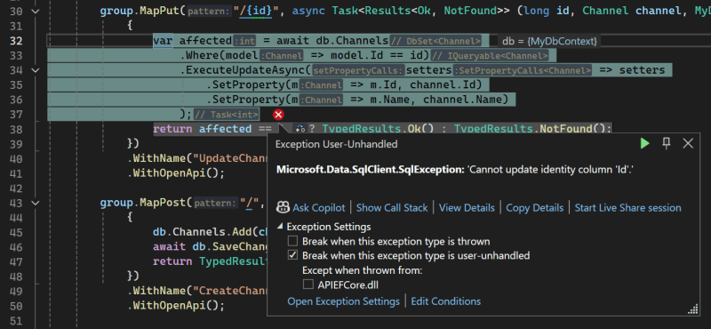 The error occurs when I try to update - APIs with Entity Framework Core: PUT