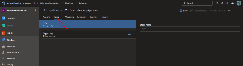 Tasks tab in the pipeline