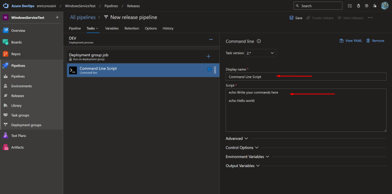 Command Line task settings