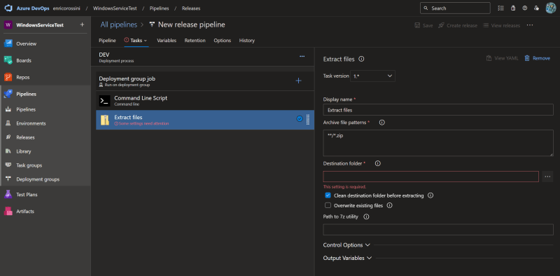 Extract files destination folder