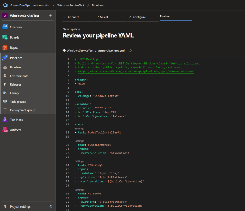 Review your pipeline YAML - Deploying Windows Services using Azure DevOps