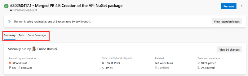 Show the test results and code coverage in the pipeline - Deploying Windows Services using Azure DevOps