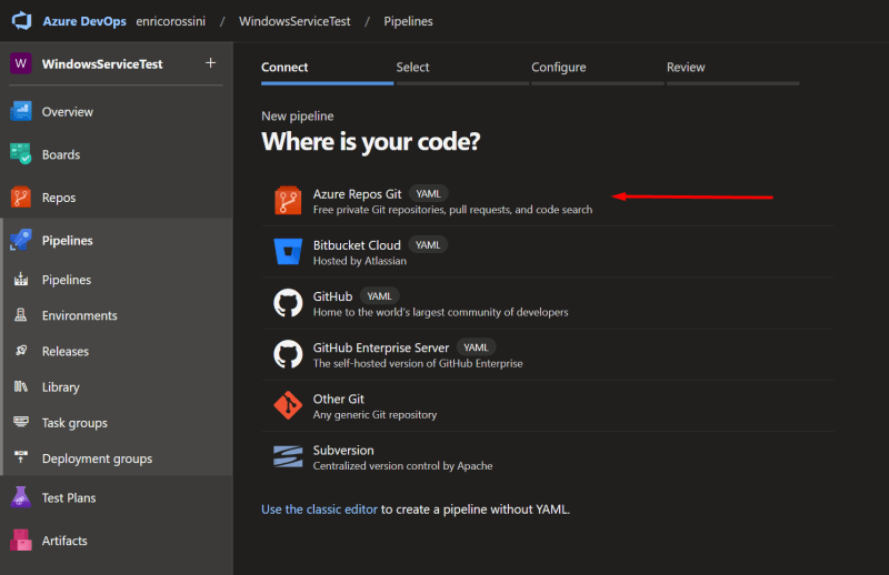 Select Where is your code? - Deploying Windows Services using Azure DevOps
