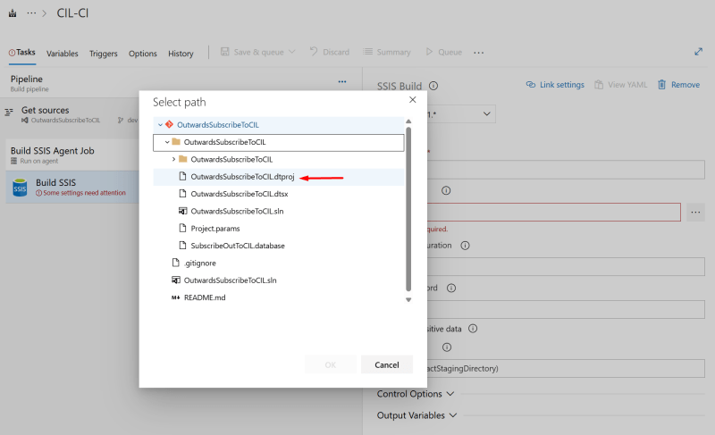 Select path for Build SSIS - Release SSIS using Azure DevOps