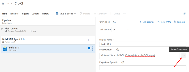 Select the Project Path - Release SSIS using Azure DevOps