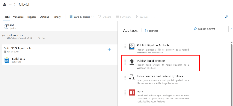 Add the task Publish build artifacts - Release SSIS using Azure DevOps