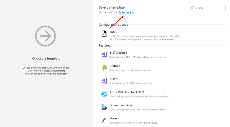 Select a template for the pipeline - Release SSIS using Azure DevOps