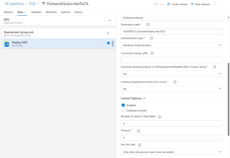 Settings of the Deploy SSIS task