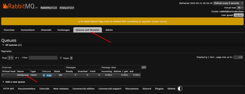 Queues and Streams in the RabbitMQ Management UI