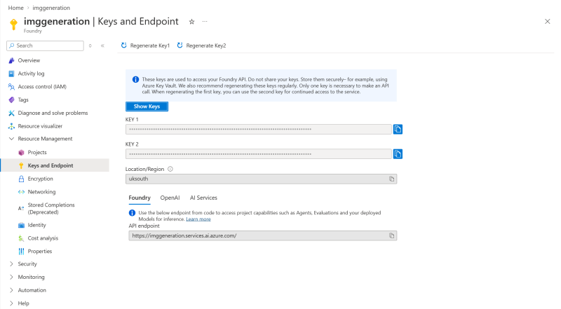 Keys and Endpoint for Microsoft Foundry - Generating images with IImageGenerator