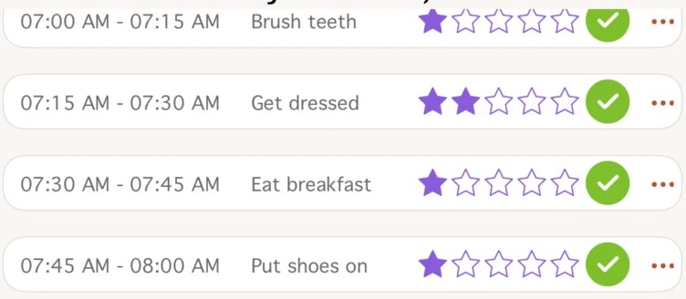 Compact completed rows: Brush teeth, Get dressed, Eat breakfast and Put shoes on, each with its time, stars earned and a green check.