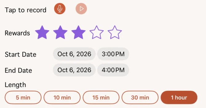 Part of the New Event screen: Tap to record, Rewards set to 3 of 5 stars, start and end date and time, and Length buttons for 5, 10, 15 and 30 minutes and 1 hour.