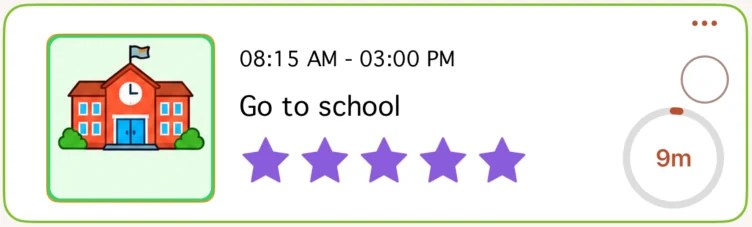 The Go to school card, outlined in green, with 5 stars and a timer ring showing 9 minutes left.
