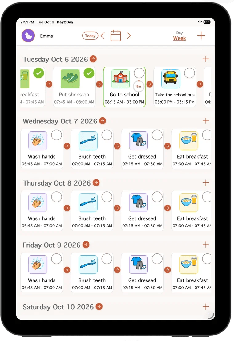 Week view. Today’s row shows Eat breakfast and Put shoes on with green checks, Go to school in progress with a timer, and Take the school bus next. Wednesday through Friday follow below.