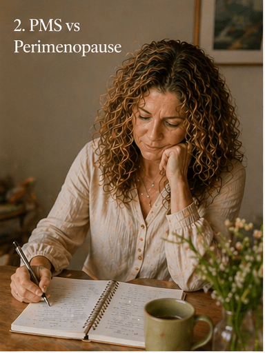 Infographic comparing PMS and perimenopause, showing differences in symptoms, patterns, and hormonal changes, including a note about hysterectomy and continued hormonal cycles.