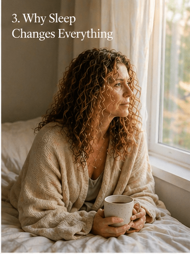 Woman sitting on a bed in soft morning light, wrapped in a blanket and looking out a window, representing fatigue and the impact of disrupted sleep during perimenopause.