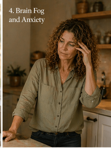 Woman standing in a softly lit home setting, looking off thoughtfully with a slightly distracted expression, representing brain fog and anxiety during perimenopause.
