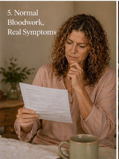 Woman looking down at paperwork with a thoughtful, slightly confused expression in soft natural light, representing normal bloodwork results despite ongoing symptoms.