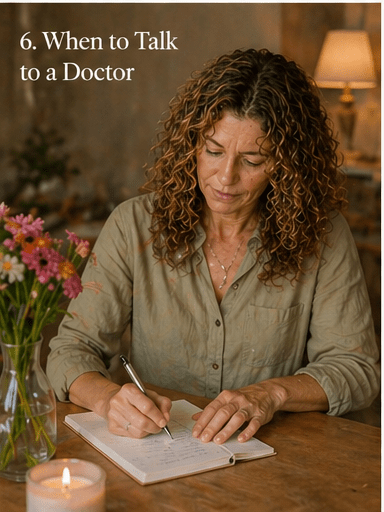Woman sitting at a table with a notebook, writing and preparing for a doctor’s visit in a calm, softly lit home setting.