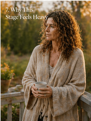 Woman standing outdoors in a calm garden setting, looking off thoughtfully, representing the emotional and physical weight of midlife responsibilities during perimenopause.
