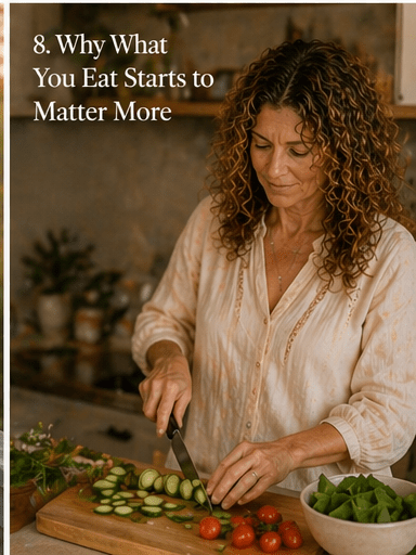 Woman preparing simple whole foods in a softly lit kitchen, representing the connection between nutrition, energy, and hormonal health during perimenopause.