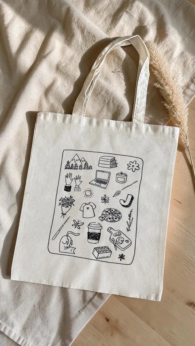 Tote bag personnalisé avec illustration doodle représentant des passions et souvenirs