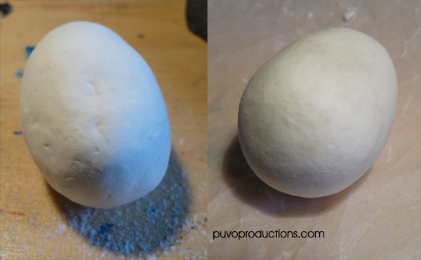 Das Ei im Detail - hier sieht man schön den nächsten Wichtigen Schritt: Schleifen! (vorher - links / nachher - rechts). Ich habe etwas groberes Schleifpapier genommen, da ich die Oberfläche etwas angerauht erhalten wollte.