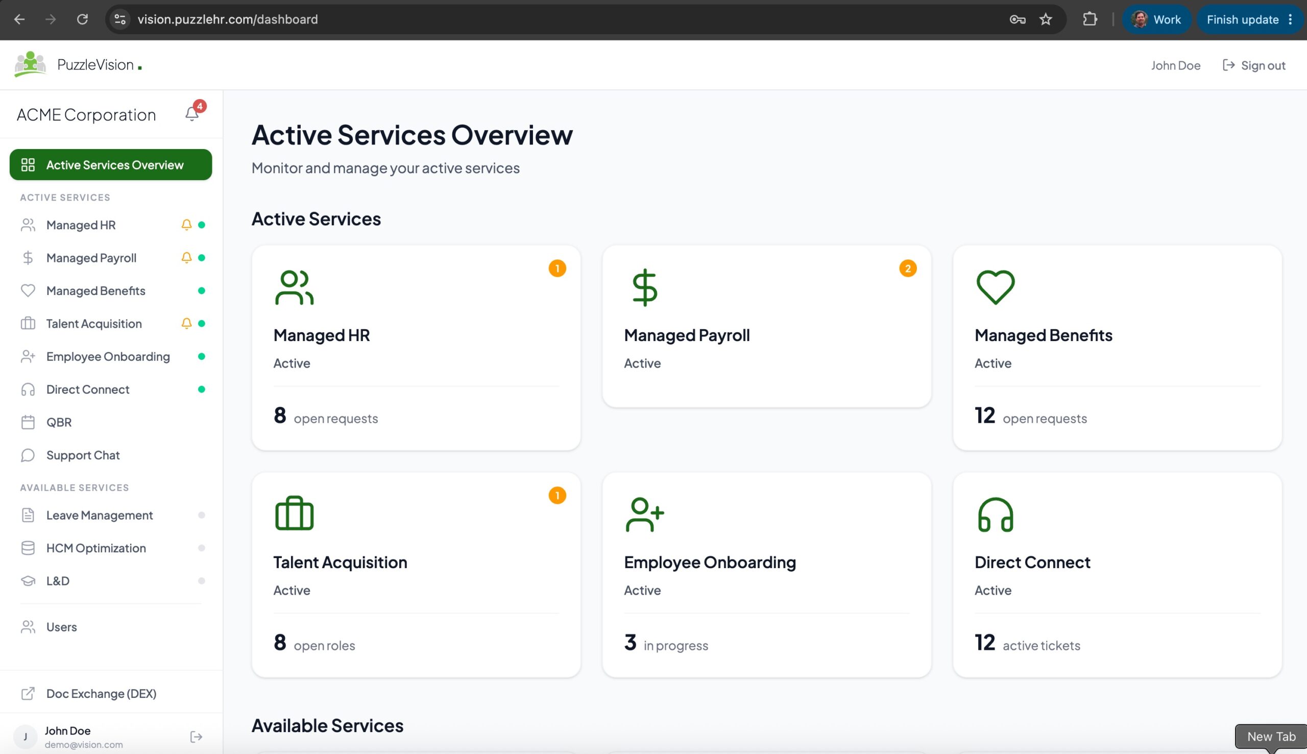 PuzzleHR PuzzleVision dashboard displaying active HR services, including managed HR, payroll, benefits, talent acquisition, employee onboarding, and support