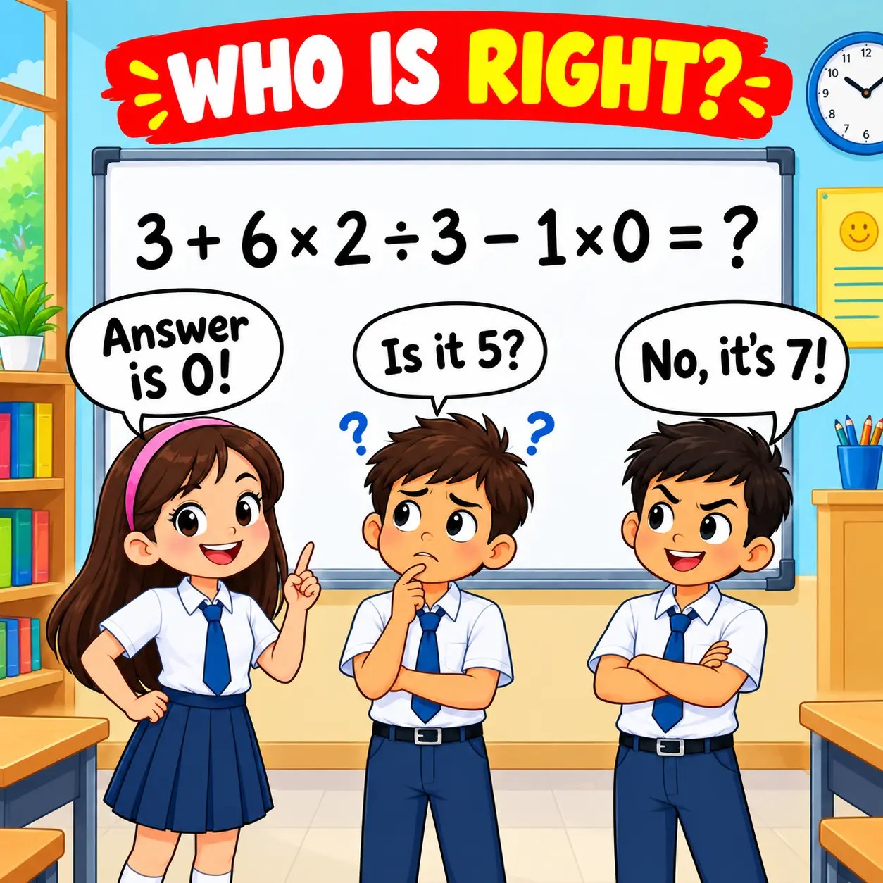 Classroom math debate puzzle with three students arguing over an equation