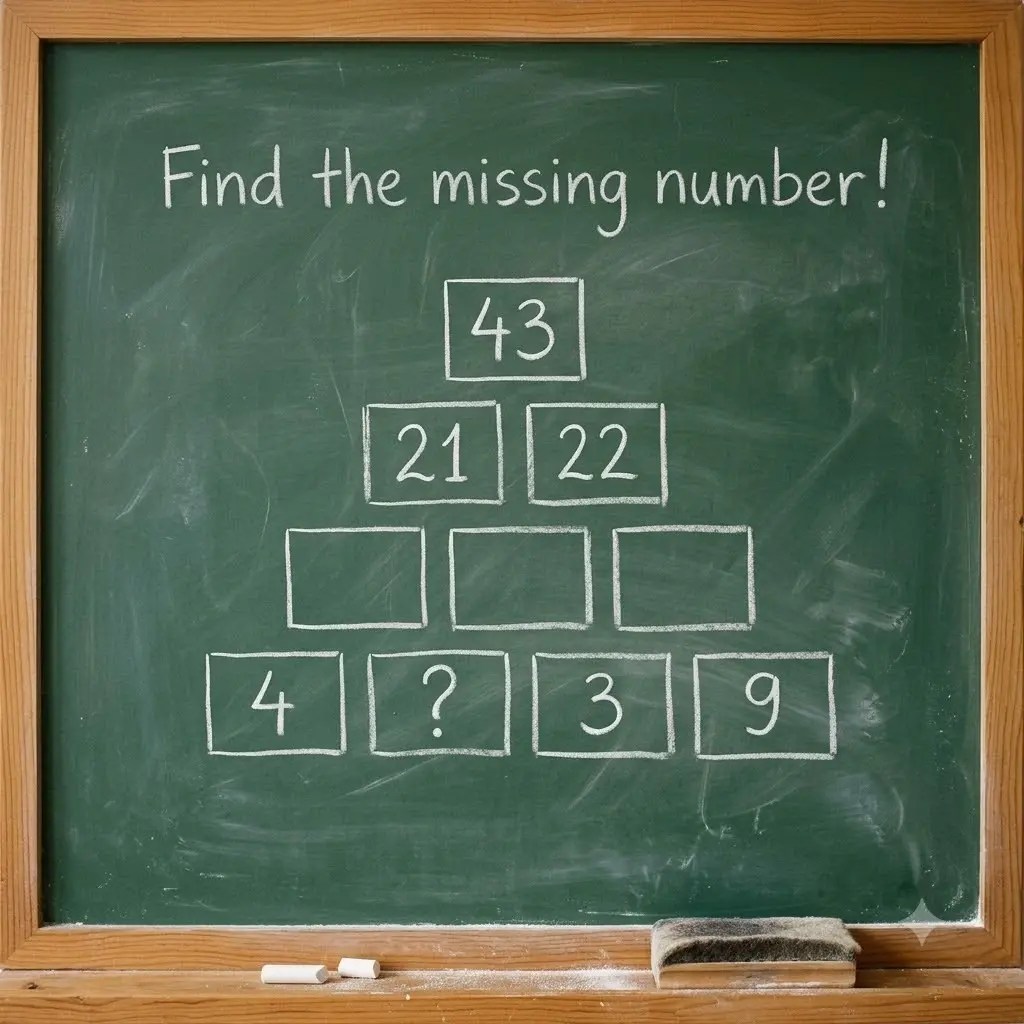 Number pyramid puzzle with missing brick on a blackboard