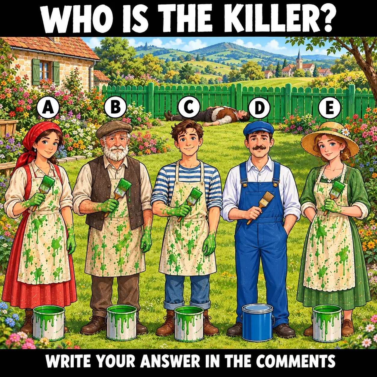 Detective puzzle with five suspects at a painted fence, find the killer