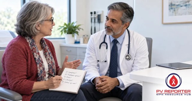 Patient reviewing questions to ask a doctor about polycythemia vera during a hematology appointment