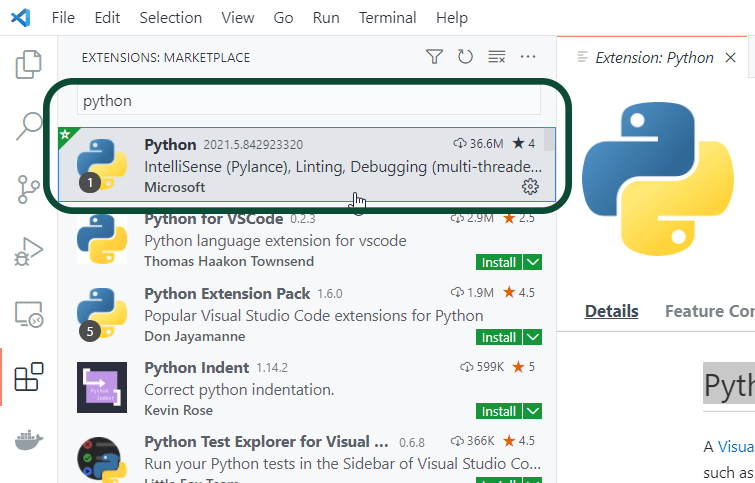 إضافة بايثون ل VS Code بواسطة Microsoft