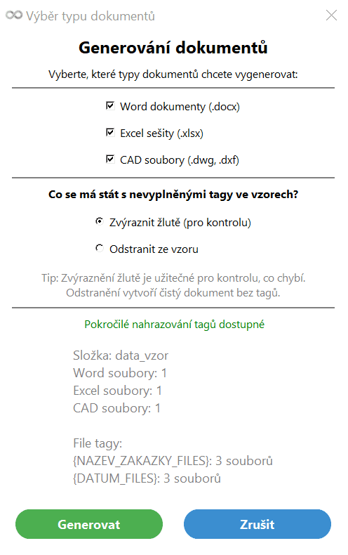 Dialog generování dokumentů
