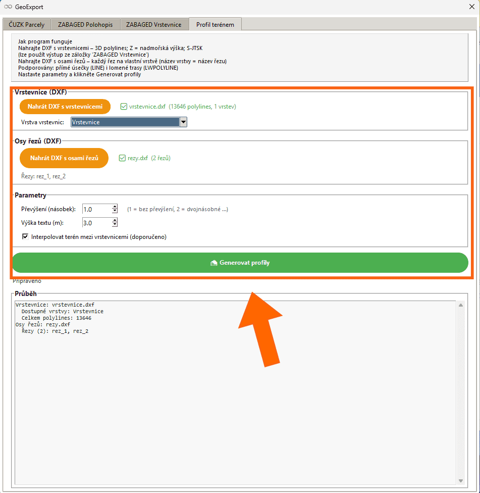 Modul GeoExport - Záložka Profil terénem - defaultní nastavení