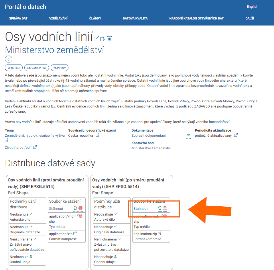 Vybraný dataset s osami vodních toků po směru proudění.