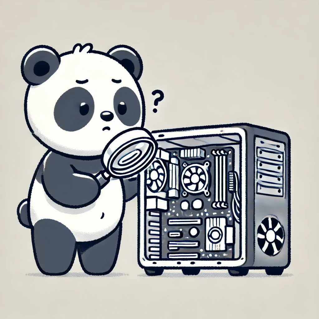 A cartoon of a panda bear examining the interior of a desktop computer tower with a magnifying glass.